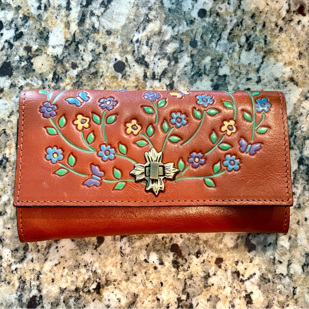 Patricia Nash Floral Painted Brown Leather Wallet